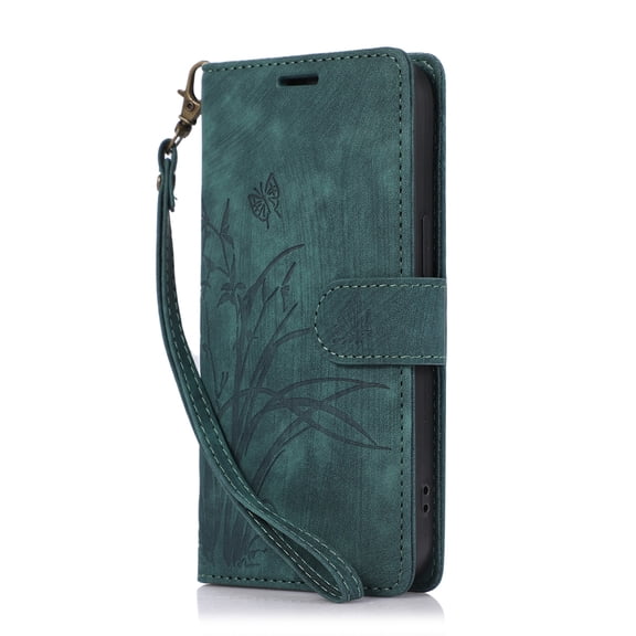 ELEHOLD Flip Wallet Case for Samsung Galaxy A24 4G Case Embossed Flower Butterflies Premium Leather Card Slots Kickstand Function Magnetic Clasp Detachable Wrist Lanyard Full Protective Case,green