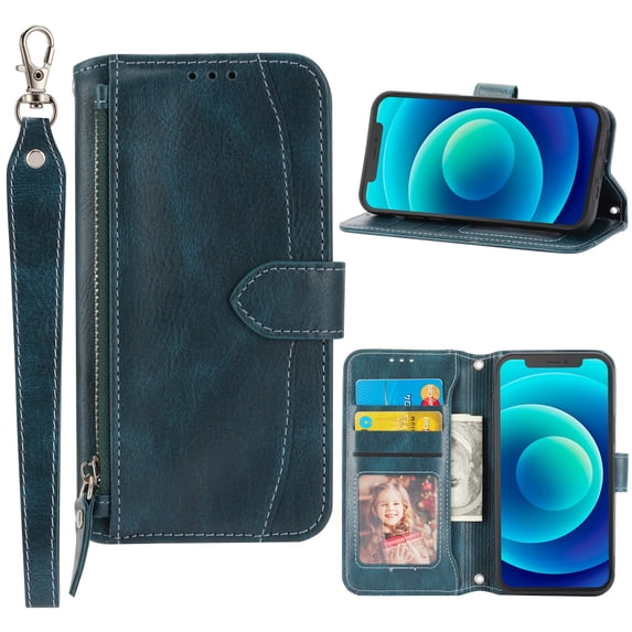 ELEHOLD Flip Wallet Case for Samsung Galaxy A54 5G,Synthetic Leather Zipper Pocket Card Slots Kickstand Function Magnetic Clasp Detachable Wriststrap Purse Case,Green