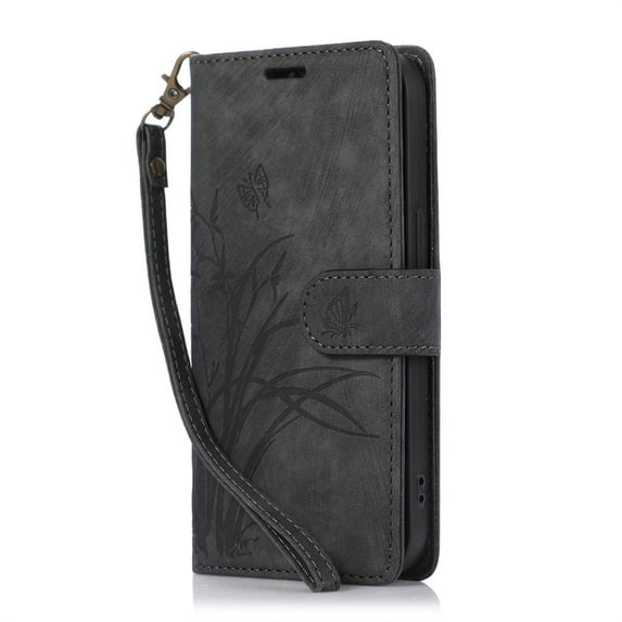 ELEHOLD Flip Wallet Case for Samsung Galaxy S23 FE Case Embossed Flower Butterflies Premium Leather Card Slots Kickstand Function Magnetic Clasp Detachable Wrist Lanyard Full Protective Case,black