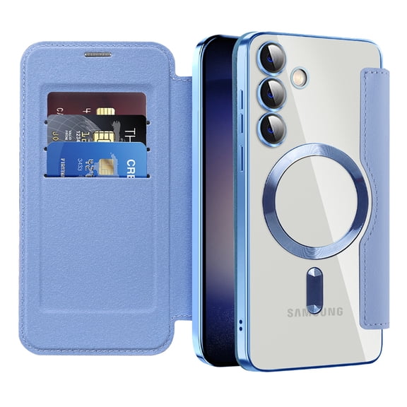 ELEHOLD Flip Wallet Case for Samsung Galaxy S23 FE with Transparent Clear Back RFID Card Holders Magnetic Closure Mag Safe Compatible Shockproof Anti-Scratches Case for Galaxy S23 FE,Blue