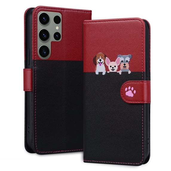 ELEHOLD Flip Wallet Case for Samsung Galaxy S23 Ultra, Cute Pattern PU Leather Case with Magnetic Clasp Credit Card Slot Stand Lanyard Shockproof Full Body Protection Cover, E
