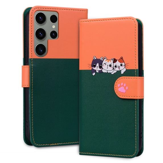 ELEHOLD Flip Wallet Case for Samsung Galaxy S23 Ultra, Cute Pattern PU Leather Case with Magnetic Clasp Credit Card Slot Stand Lanyard Shockproof Full Body Protection Cover, C