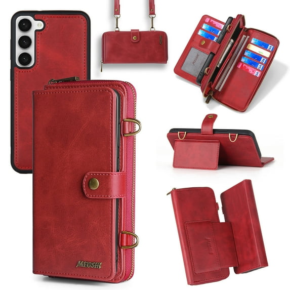 ELEHOLD Flip Wallet Case for Samsung Galaxy S24 Plus with Large Capacity 13 Card Slots Zipper Pocket Kickstand Magnetic Detachable Leather Case Crossbody Shoulder Strap Shockproof S24+ Cover,Red