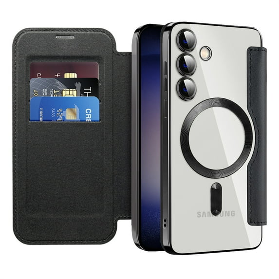ELEHOLD Flip Wallet Case for Samsung Galaxy S24 with Transparent Clear Back RFID Card Holders Magnetic Closure Mag Safe Compatible Shockproof Anti-Scratches Case for Galaxy S24,Black
