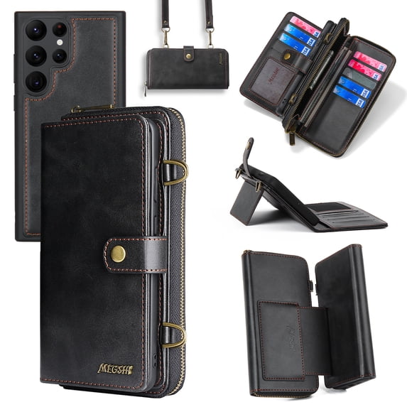 ELEHOLD Flip Wallet Case for Samsung Galaxy S24 Ultra with Large Capacity 13 Card Slots Zipper Pocket Kickstand Magnetic Detachable Leather Case Crossbody Shoulder Strap Shockproof Cover,Black