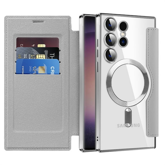 ELEHOLD Flip Wallet Case for Samsung Galaxy S25 Edge with Transparent Clear Back RFID Card Holders Magnetic Closure Mag Safe Compatible Shockproof Anti-Scratches Case,Grey