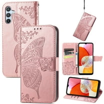 ELEHOLD Flip Wallet Case for Samsung Galaxy S25 FE, Embossed Butterfly Pattern Leather Card Slots Magnetic Closure Kickstand Folio Leather Purse Phone Case,Rosegold