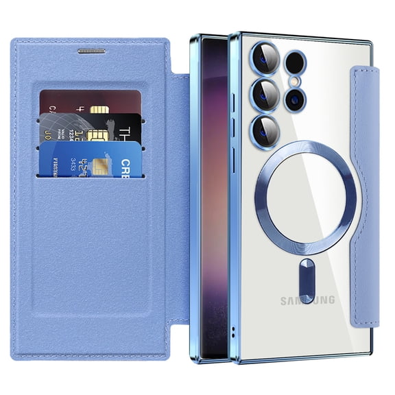 ELEHOLD Flip Wallet Case for Samsung Galaxy S25 Ultra with Transparent Clear Back RFID Card Holders Magnetic Closure Mag Safe Compatible Shockproof Anti-Scratches Case ,Blue