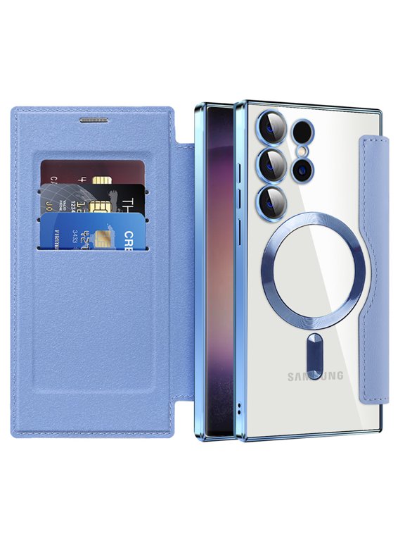 Flip Wallet Case for Samsung Galaxy S25 Ultra with Transparent Clear Back RFID Card Holders Magnetic Closure Mag Safe Compatible Shockproof Anti-Scratches Case ,Blue