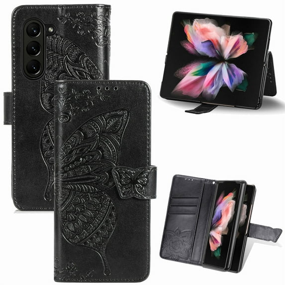 ELEHOLD Flip Wallet Case for Samsung Galaxy Z Fold 5 2023, Stylish Butterfly Pattern Leather Card Slots Magnetic Closure Kickstand Folio Leather Purse Phone Case Anti-Scratch Protection,Black