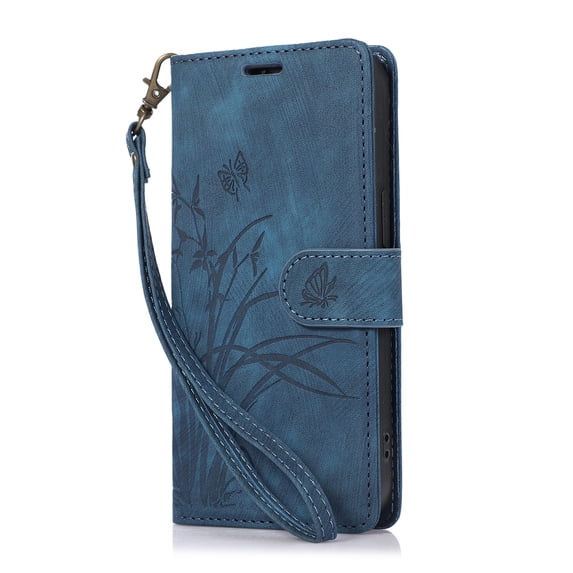 ELEHOLD Flip Wallet Case for iPhone 11 Pro Max Case Embossed Flower Butterflies Premium Leather Card Slots Kickstand Function Magnetic Clasp Detachable Wrist Lanyard Full Protective Case,blue