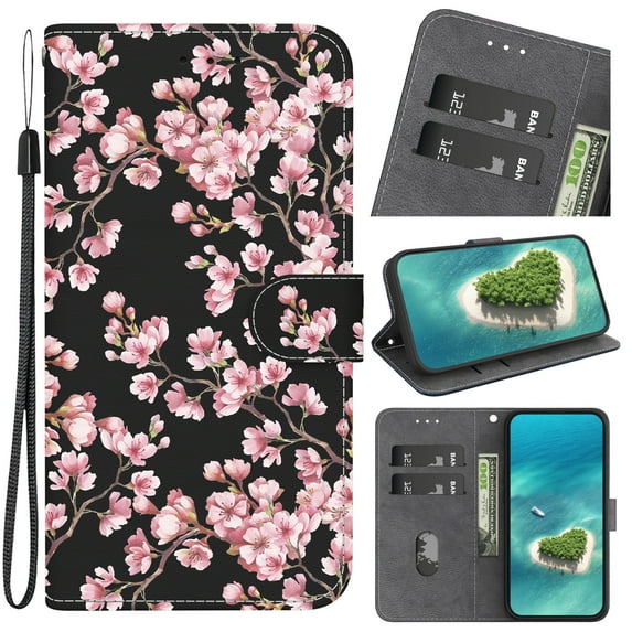 ELEHOLD Flip Wallet Case for iPhone 12 Pro / 12 6.1" Case with Beautiful Flower Butterfly Pattern Card Slots Holders Kickstand Function Magnetic Clasp Leather Shockproof Case with Wrist Lanyard,K