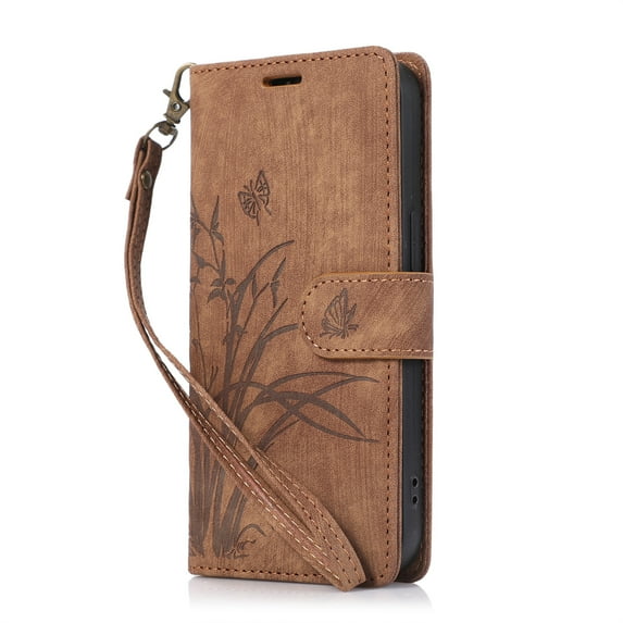 ELEHOLD Flip Wallet Case for iPhone 13 Pro Case Embossed Flower Butterflies Premium Leather Card Slots Kickstand Function Magnetic Clasp Detachable Wrist Lanyard Full Protective Case,brown