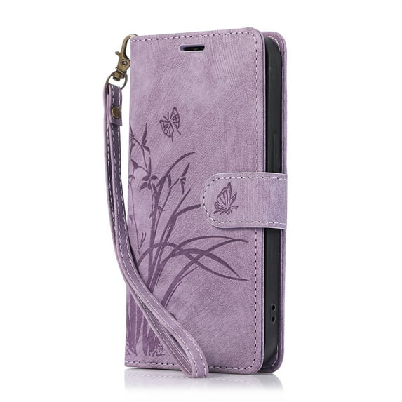 ELEHOLD Flip Wallet Case for iPhone 13 Pro Max Case Embossed Flower Butterflies Premium Leather Card Slots Kickstand Function Magnetic Clasp Detachable Wrist Lanyard Full Protective Case,purple