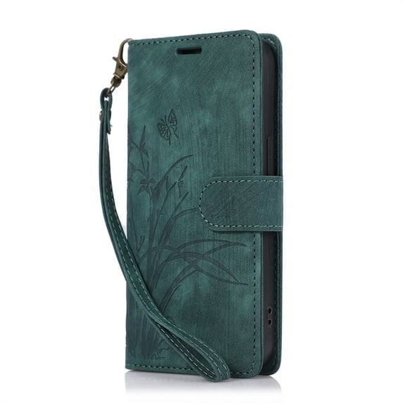 ELEHOLD Flip Wallet Case for iPhone 13 Pro Max Case Embossed Flower Butterflies Premium Leather Card Slots Kickstand Function Magnetic Clasp Detachable Wrist Lanyard Full Protective Case,green