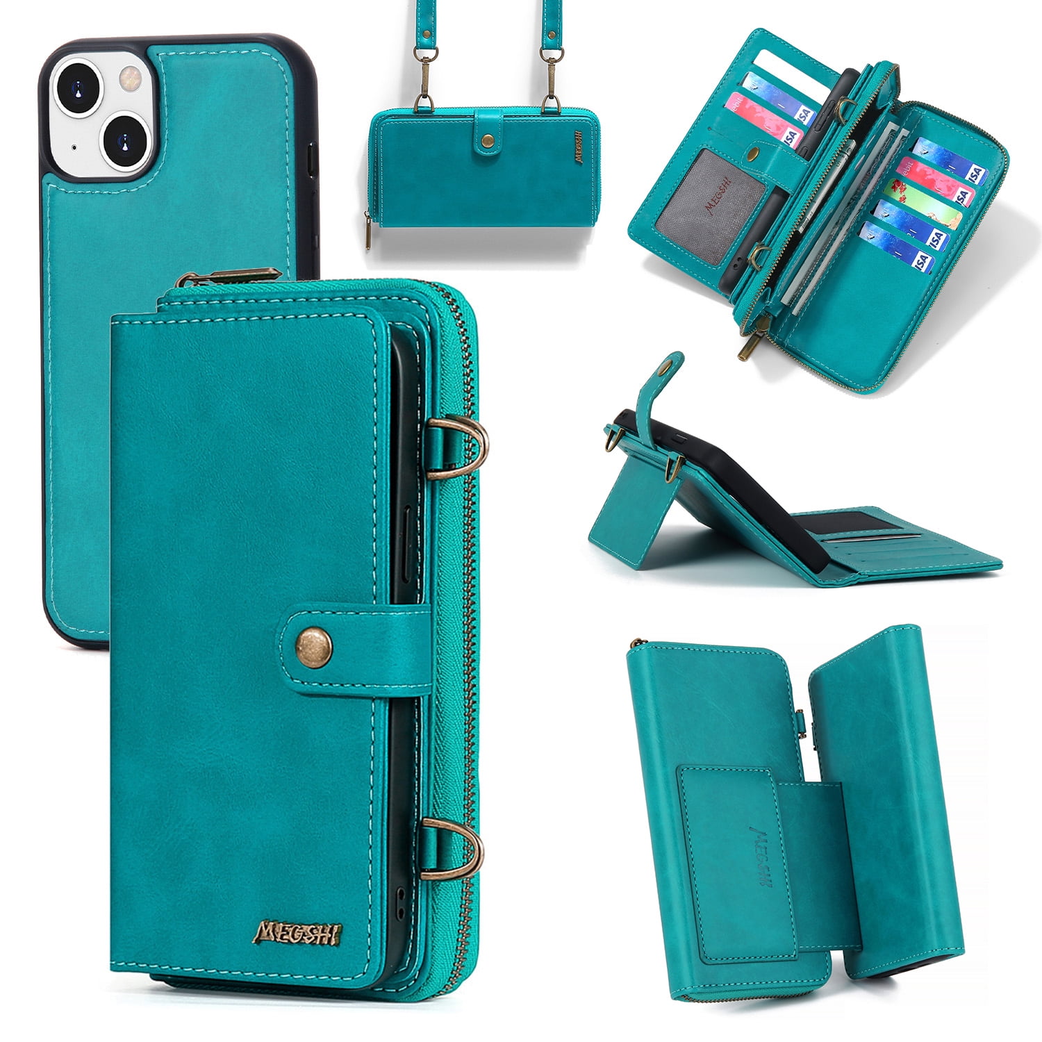 ELEHOLD Flip Wallet Case for iPhone 14 PU Leather Purse Case with Large Capacity 13 Card Slots Zipper Pocket Kickstand Magnetic Detachable Case Cross Body Shoulder Strap Shockproof Protective,Blue