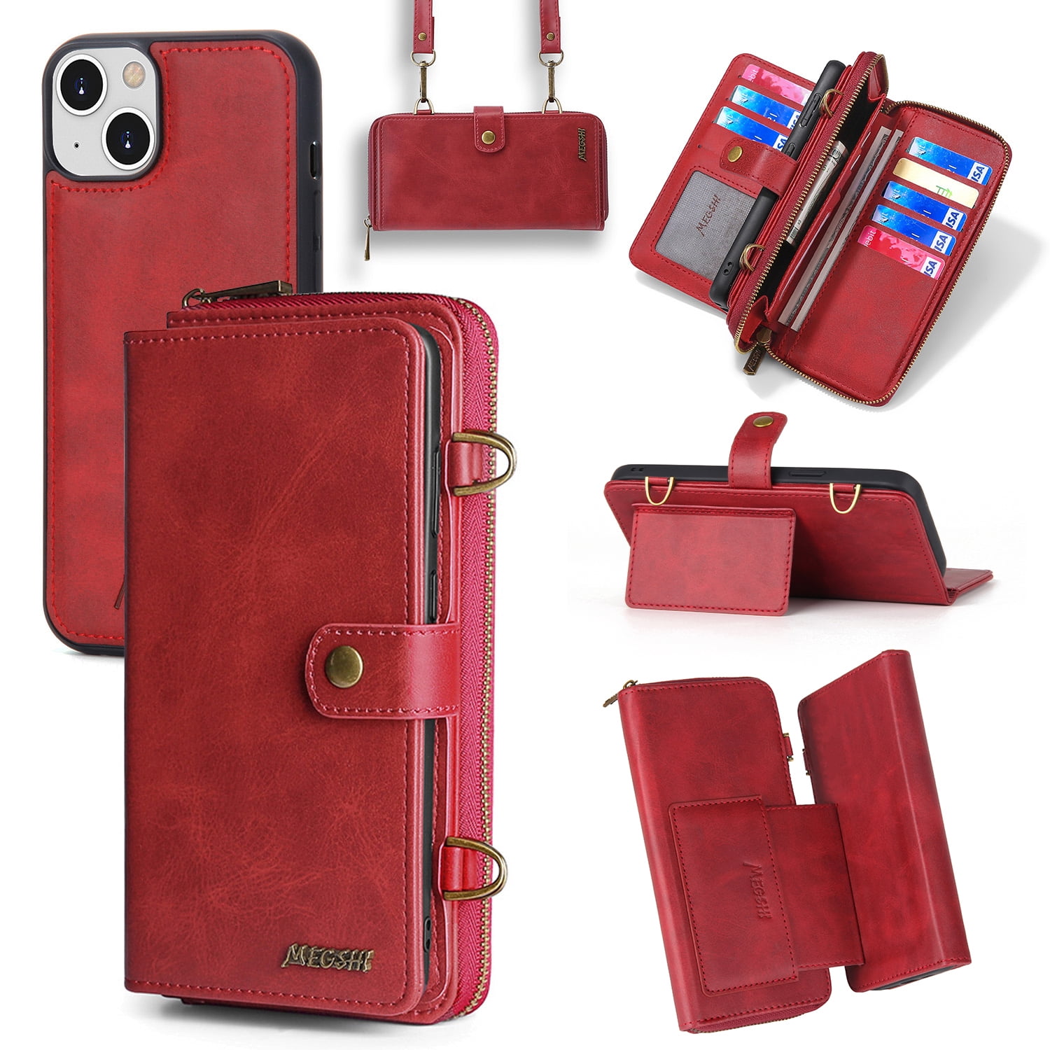 ELEHOLD Flip Wallet Case for iPhone 14 PU Leather Purse Case with Large Capacity 13 Card Slots Zipper Pocket Kickstand Magnetic Detachable Case Cross Body Shoulder Strap Shockproof Protective,Red