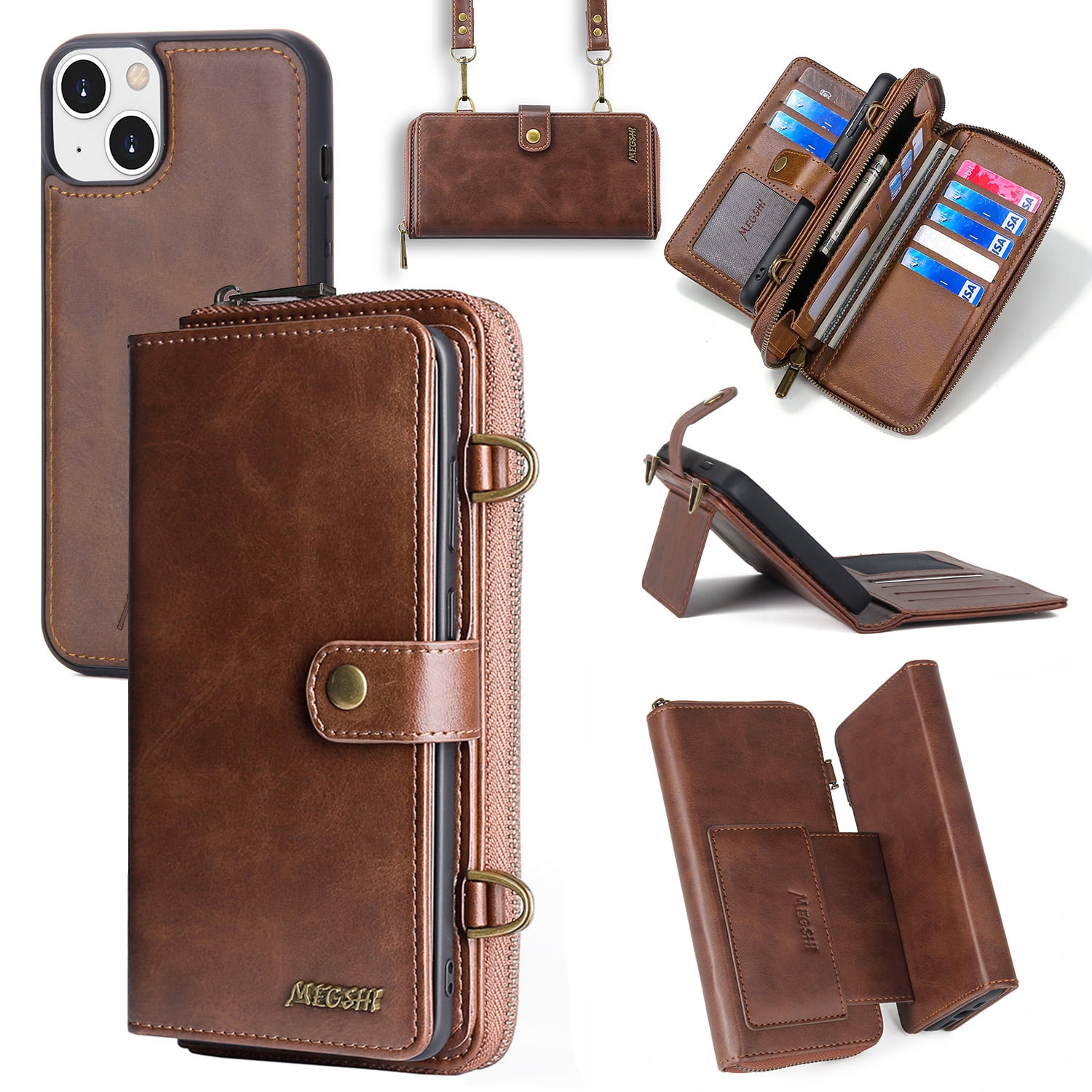 ELEHOLD Flip Wallet Case for iPhone 14 PU Leather Purse Case with Large Capacity 13 Card Slots Zipper Pocket Kickstand Magnetic Detachable Case Cross Body Shoulder Strap Shockproof Protective,Brown