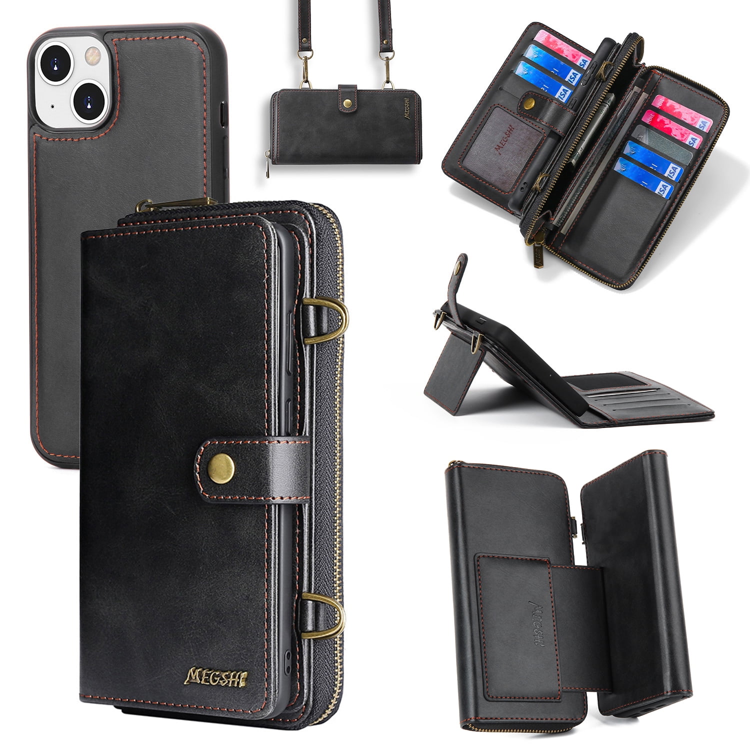 ELEHOLD Flip Wallet Case for iPhone 14 PU Leather Purse Case with Large Capacity 13 Card Slots Zipper Pocket Kickstand Magnetic Detachable Case Cross Body Shoulder Strap Shockproof Protective,Black