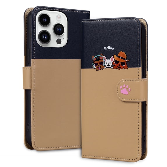ELEHOLD Flip Wallet Case for iPhone 14 Pro, Cute Pattern PU Leather Case with Magnetic Clasp Credit Card Slot Stand Lanyard Shockproof Full Body Protection Cover, A