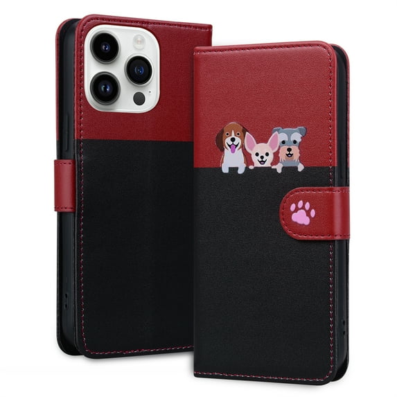ELEHOLD Flip Wallet Case for iPhone 14 Pro, Cute Pattern PU Leather Case with Magnetic Clasp Credit Card Slot Stand Lanyard Shockproof Full Body Protection Cover, E