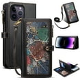thumbnail image 1 of ELEHOLD Flip Wallet Case for iPhone 14 Pro Max, Special Leaf Pattern with Card Slots Zipper Pocket Kickstand Detachable Handstrap Shoulder Strap Shockproof Purse Case For iPhone 14 Pro Max,Black, 1 of 8