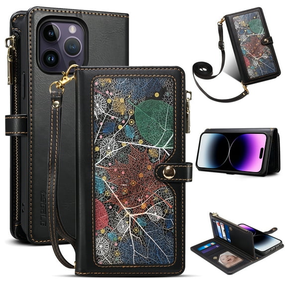 ELEHOLD Flip Wallet Case for iPhone 14 Pro Max, Special Leaf Pattern with Card Slots Zipper Pocket Kickstand Detachable Handstrap Shoulder Strap Shockproof Purse Case For iPhone 14 Pro Max,Black