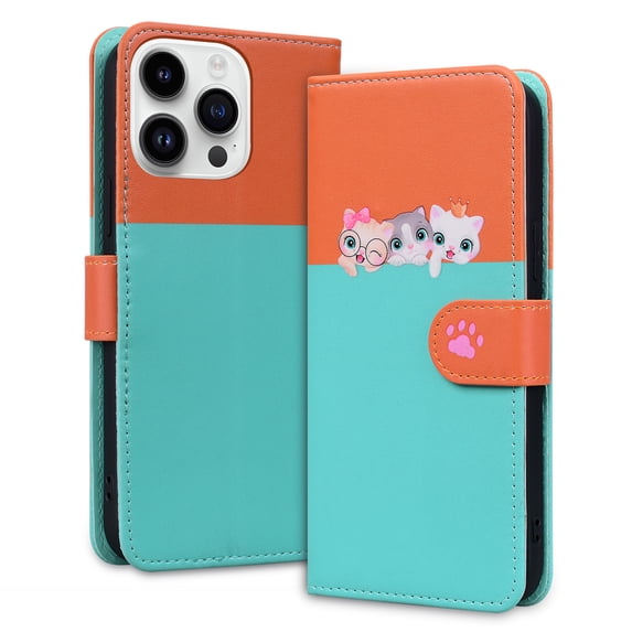 ELEHOLD Flip Wallet Case for iPhone 15 Pro, Cute Pattern PU Leather Case with Magnetic Clasp Credit Card Slot Stand Lanyard Shockproof Full Body Protection Cover, D