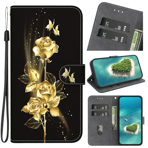 ELEHOLD Flip Wallet Case for iPhone 15 Pro Max Case with Beautiful Flower Butterfly Pattern Card Slots Holders Kickstand Function Magnetic Clasp Leather Shockproof Case with Wrist Lanyard,C