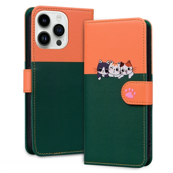 ELEHOLD Flip Wallet Case for iPhone 15 Pro Max, Cute Pattern PU Leather Case with Magnetic Clasp Credit Card Slot Stand Lanyard Shockproof Full Body Protection Cover, C