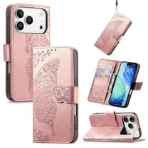 ELEHOLD Flip Wallet Case for iPhone 17, Embossed Butterfly Pattern Leather Card Slots Magnetic Closure Kickstand Folio Leather Purse Phone Case,Rosegold