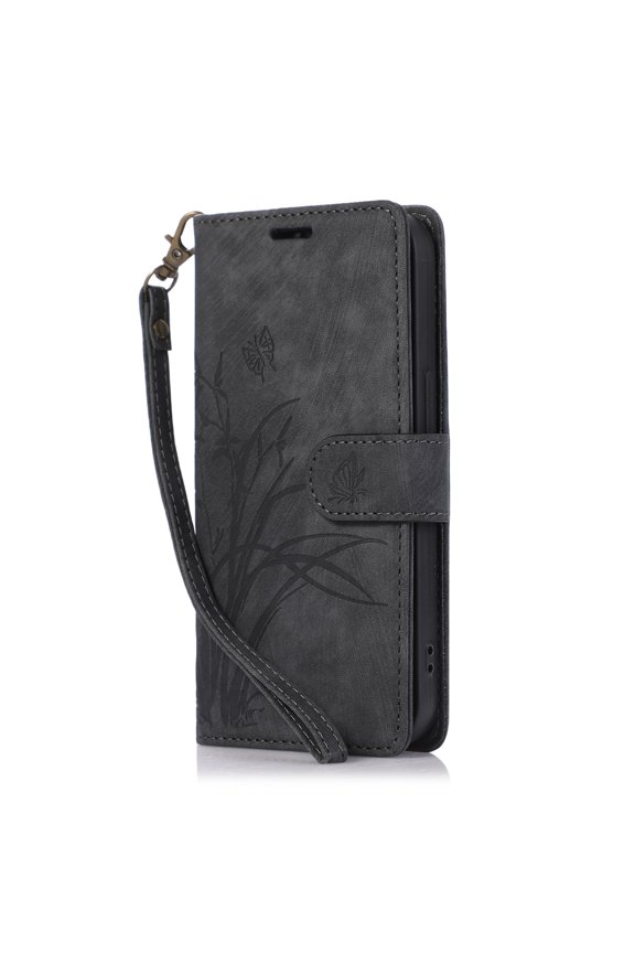 Flip Wallet Case for iPhone XS Max Case Embossed Flower Butterflies Premium Leather Card Slots Kickstand Function Magnetic Clasp Detachable Wrist Lanyard Full Protective Case,black