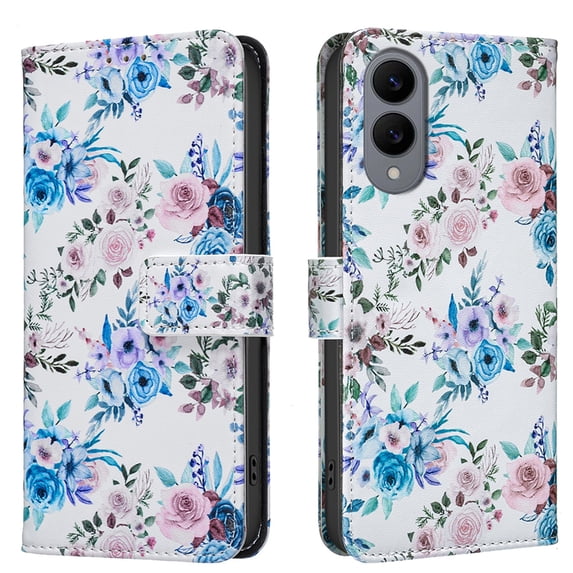 ELEHOLD Flip Wallet Phone Case For Samsung Galaxy S25 Edge, Cute Butterfly Floral PU Leather Elegant Folio Design Card Slots, Kickstand Magnetic ClosureShockproof Case Cover ,F