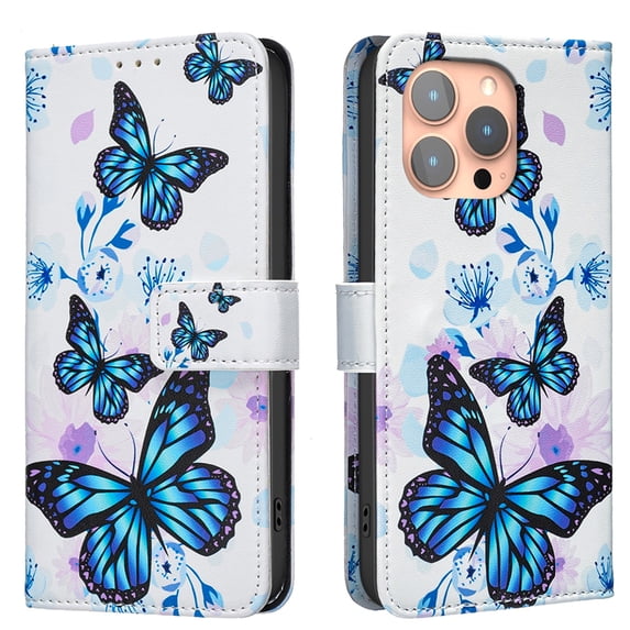 ELEHOLD Flip Wallet Phone Case For iPhone 13 Pro, Cute Butterfly Floral PU Leather Elegant Folio Design Card Slots, Kickstand Magnetic ClosureShockproof Case Cover ,H