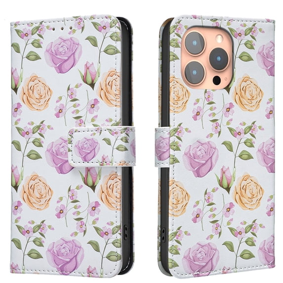 ELEHOLD Flip Wallet Phone Case For iPhone 13 Pro, Cute Butterfly Floral PU Leather Elegant Folio Design Card Slots, Kickstand Magnetic ClosureShockproof Case Cover ,D