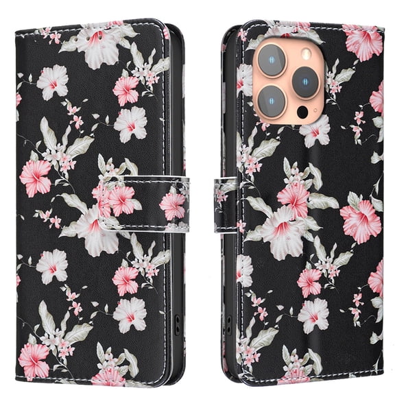 ELEHOLD Flip Wallet Phone Case For iPhone 14, Cute Butterfly Floral PU Leather Elegant Folio Design Card Slots, Kickstand  Magnetic ClosureShockproof Case Cover ,B