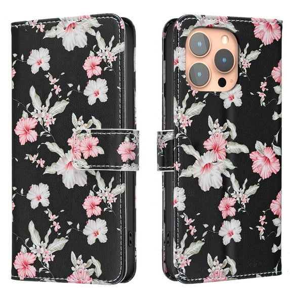 ELEHOLD Flip Wallet Phone Case For iPhone 14 Pro Max, Cute Butterfly Floral PU Leather Elegant Folio Design Card Slots, Kickstand Magnetic ClosureShockproof Case Cover ,B