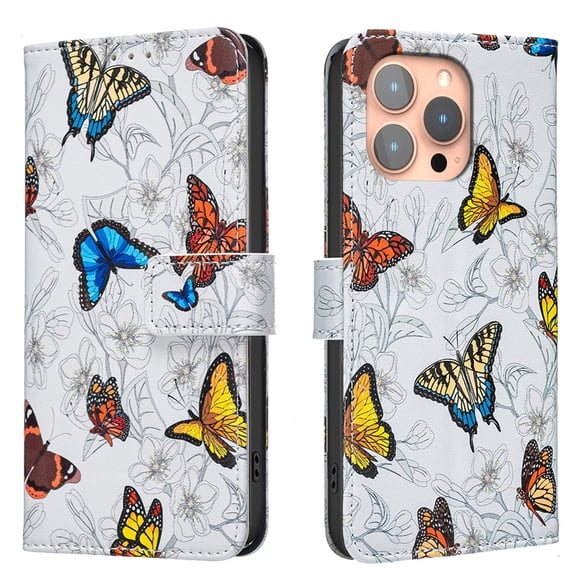 ELEHOLD Flip Wallet Phone Case For iPhone 15 Pro Max, Cute Butterfly Floral PU Leather Elegant Folio Design Card Slots, Kickstand Magnetic ClosureShockproof Case Cover ,G