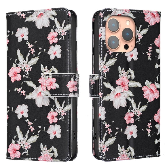 ELEHOLD Flip Wallet Phone Case For iPhone 15 Pro Max, Cute Butterfly Floral PU Leather Elegant Folio Design Card Slots, Kickstand Magnetic ClosureShockproof Case Cover ,B