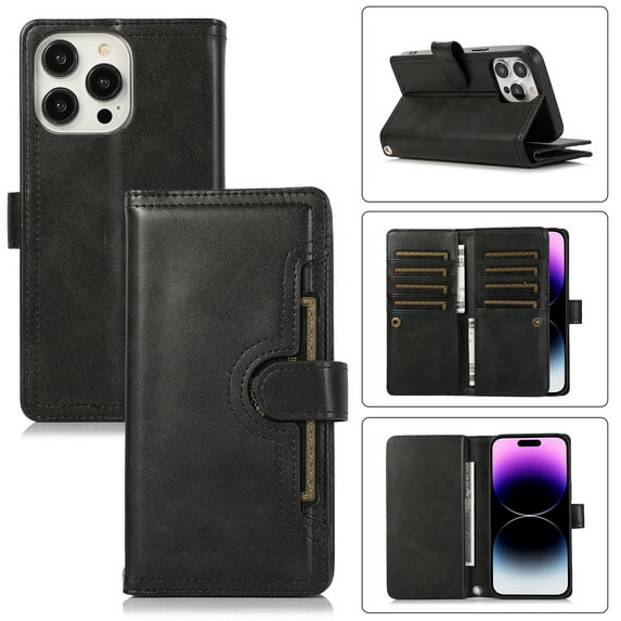 ELEHOLD Flip Wallet for iPhone 15 Case 6.1", PU Leather 9 Card Holders Cash Pocket Detachable Wris Strap Kickstand Function Shockproof Folio Wallet Protective Case for iPhone 15, Black
