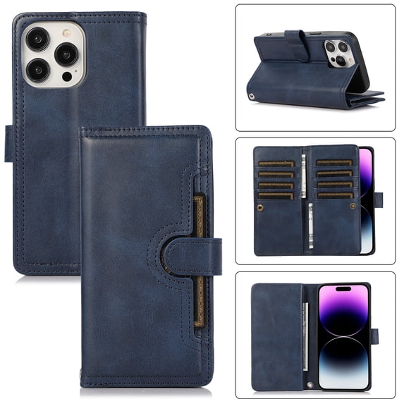 ELEHOLD Flip Wallet for iPhone 15 Pro Case 6.1", PU Leather 9 Card Holders Cash Pocket Detachable Wris Strap Kickstand Function Shockproof Folio Wallet Protective Case for iPhone 15 Pro, Darkblue