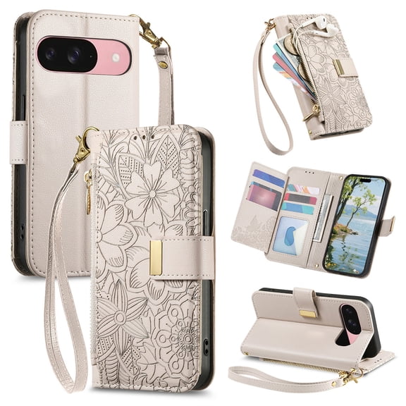ELEHOLD Floral Embossed Leather Wallet Case for Google Pixel 10 /10 Pro, Zipper Card Holder Shockproof TPU Anti-Scratch Flip Stand Wallet Case Cover With Detachable Crossbosy/ Wrist Strap ,Beige