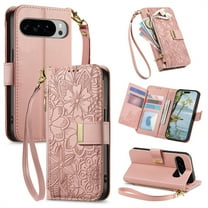 ELEHOLD Floral Embossed Leather Wallet Case for Google Pixel 10 Pro XL, Zipper Card Holder Shockproof TPU Anti-Scratch Flip Stand Wallet Case Cover With Detachable Crossbosy/ Wrist Strap ,Rosegold