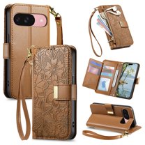 ELEHOLD Floral Embossed Leather Wallet Case for Google Pixel 9A, Zipper Card Holder Shockproof TPU Anti-Scratch Flip Stand Wallet Case Cover With Detachable Crossbosy/ Wrist Strap ,Brown