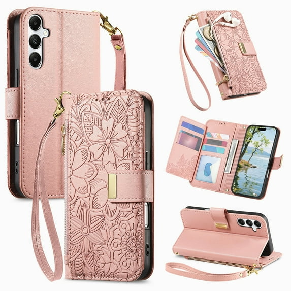 ELEHOLD Floral Embossed Leather Wallet Case for Samsung Galaxy A25 5G with Zipper Cash Slot, Card Holder Shockproof TPU Anti-Scratch Flip Stand Wallet Case Cover With Detachable Strap , Rosegold