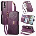 thumbnail image 1 of ELEHOLD Floral Embossed Leather Wallet Case for Samsung Galaxy A25 5G with Zipper Cash Slot, Card Holder Shockproof TPU Anti-Scratch Flip Stand Wallet Case Cover With Detachable Strap , Purple, 1 of 12