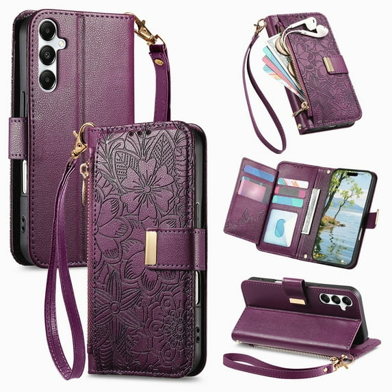 ELEHOLD Floral Embossed Leather Wallet Case for Samsung Galaxy A25 5G with Zipper Cash Slot, Card Holder Shockproof TPU Anti-Scratch Flip Stand Wallet Case Cover With Detachable Strap , Purple
