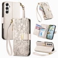 thumbnail image 1 of ELEHOLD Floral Embossed Leather Wallet Case for Samsung Galaxy A35 with Zipper Cash Slot, Card Holder Shockproof TPU Anti-Scratch Flip Stand Wallet Case Cover With Detachable Strap , Beige, 1 of 12