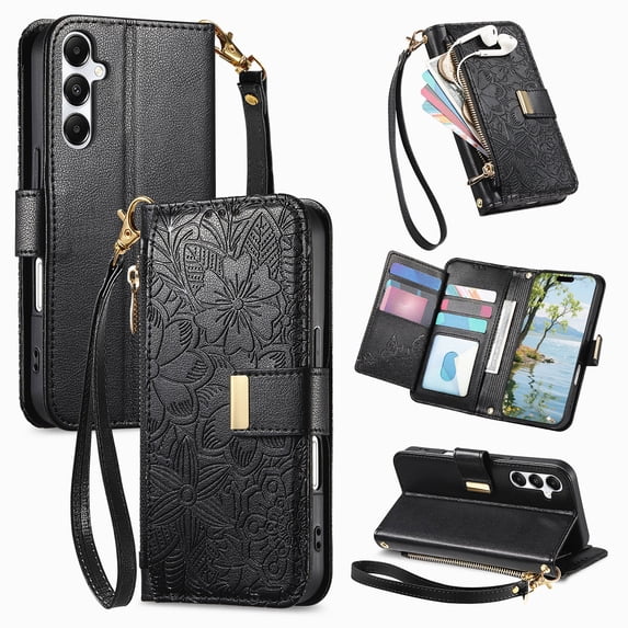 ELEHOLD Floral Embossed Leather Wallet Case for Samsung Galaxy S24+ with Zipper Cash Slot, Card Holder Shockproof TPU Anti-Scratch Flip Stand Wallet Case Cover With Detachable Strap , Black