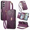 thumbnail image 1 of ELEHOLD Floral Embossed Leather Wallet Case for Samsung Galaxy S25 Ultra with Zipper Cash Slot, Card Holder Shockproof TPU Anti-Scratch Flip Stand Wallet Case Cover With Detachable Strap , Purple, 1 of 12